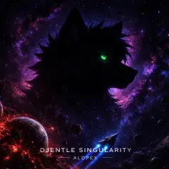 Djentle Singularity album cover — cosmic wolf silhouette with a luminous green eye, drawn by Alopex